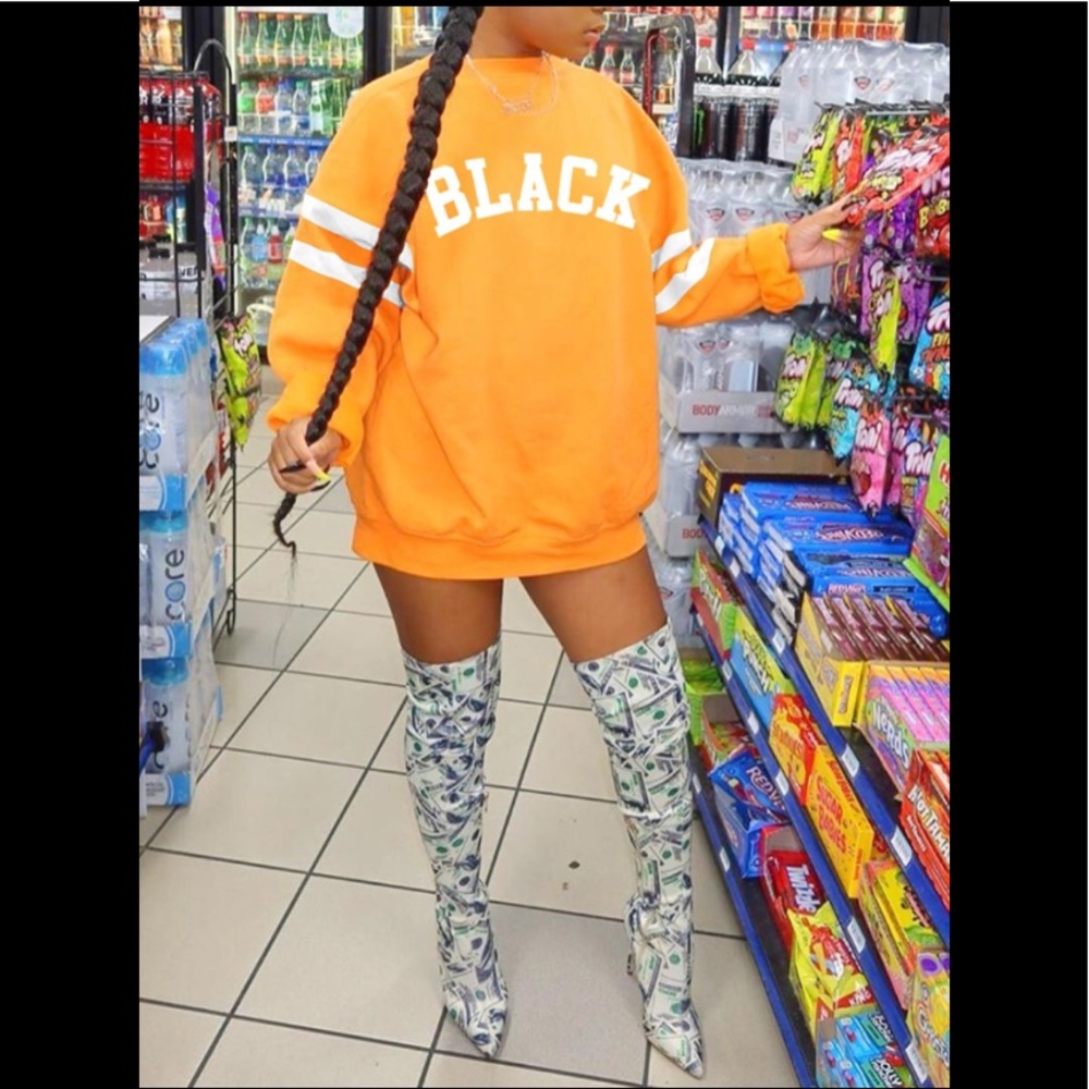 Orange Jersey Style Long Sleeve W/2 White Stripes On Them Oversized Shirt Dress